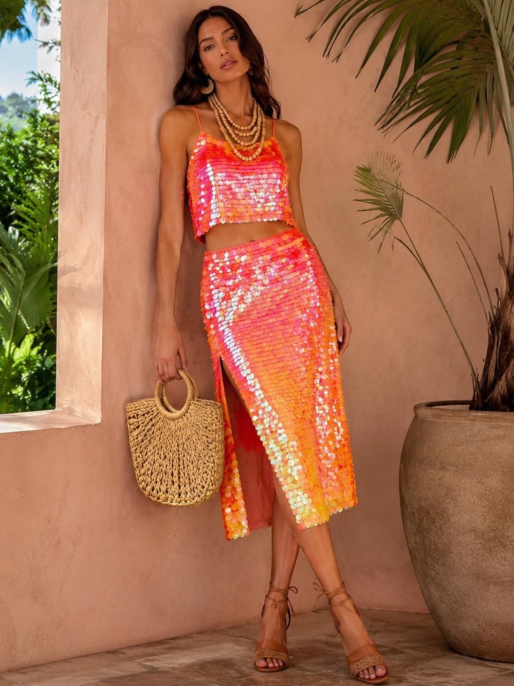 Anthropologie Sequin Midi Skirt in Sunset Orange NWT